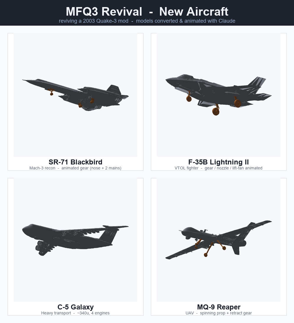SR-71 Blackbird, F-35B Lightning II, C-5 Galaxy and MQ-9 Reaper rendered from their in-game models
