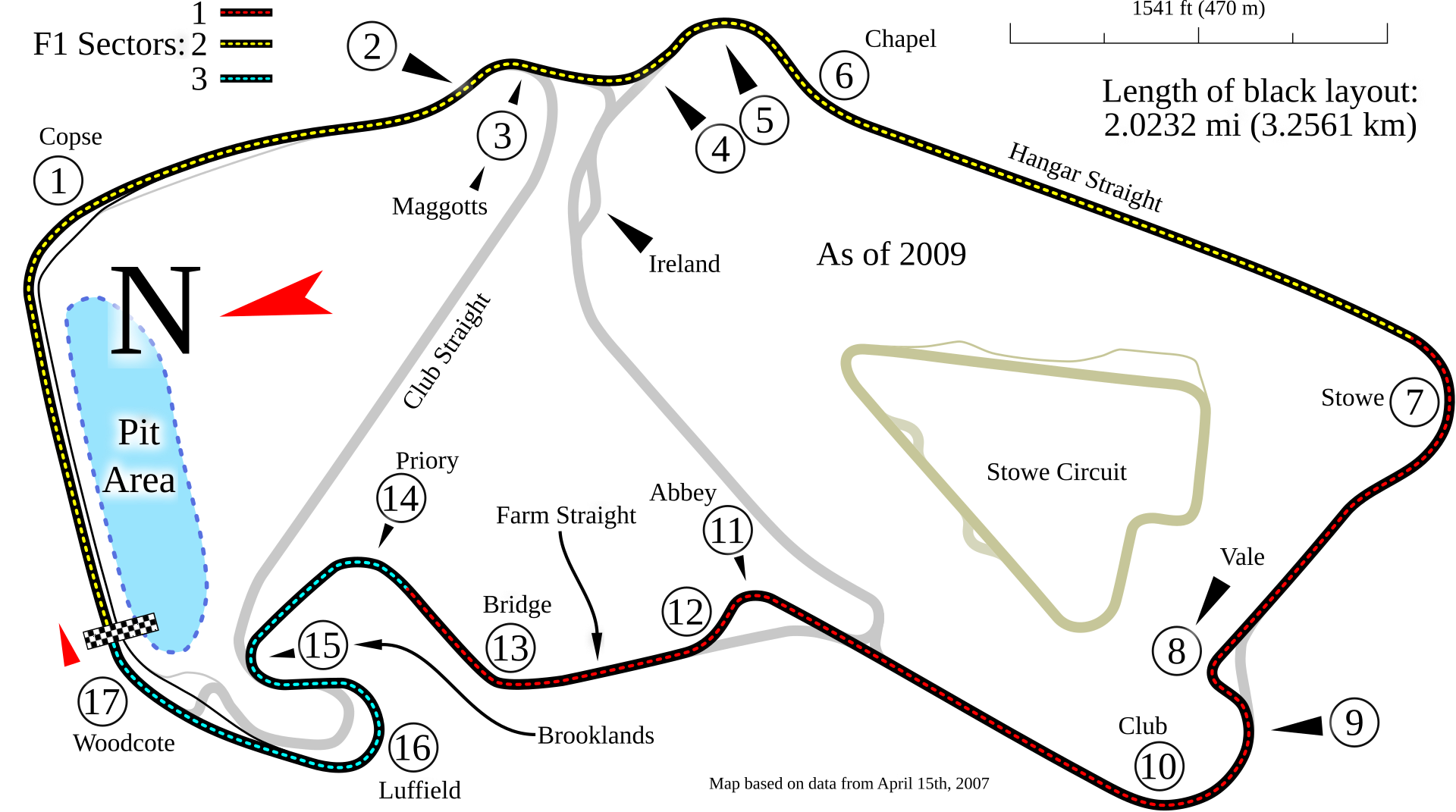 Silverstone circuit map with north arrow